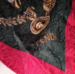 Fendi Silk Scarf Dark Green/Red w/ Jewelery Print